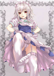 Rule 34 | 1girl, apron, bad id, bad pixiv id, blue dress, braid, clothes lift, dress, dress lift, feet, from below, garter straps, hair ribbon, izayoi sakuya, leg up, looking at viewer, maid, maid apron, maid headdress, no shoes, open mouth, outstretched foot, outstretched leg, panties, pantyshot, puffy sleeves, red eyes, ribbon, short sleeves, silver hair, smile, soles, solo, thighhighs, toes, touhou, twin braids, underwear, upskirt, waist apron, white crow, white panties, white thighhighs, wrist cuffs