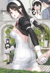 Rule 34 | 1boy, 2girls, ass, black hair, blush, breasts, dress, gloves, green eyes, hairband, highres, holding hands, juliet sleeves, kfr, large breasts, long hair, long sleeves, maid, multiple girls, open mouth, original, puffy sleeves, shrug (clothing), white dress, white gloves
