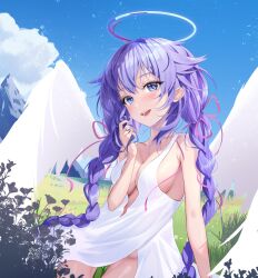 Rule 34 | 1girl, absurdres, angel wings, areluna, arm support, armpit crease, blue eyes, blue sky, braid, breasts, choujigen game neptune, cleavage, cloud, collarbone, commentary, dress, english commentary, feathered wings, feet out of frame, flower, four goddesses online: cyber dimension neptune, grass, hair ribbon, halo, highres, light blush, looking at viewer, medium breasts, messy hair, mountain, neptune (series), open mouth, panties, pink ribbon, playing with own hair, plunging neckline, purple hair, purple heart (neptunia), ribbon, shadow, sideboob, sky, solo, string panties, teeth, thigh gap, twin braids, underwear, upper body, upper teeth only, white dress, white panties, wings