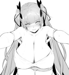 Rule 34 | 1girl, assertive female, azur lane, blush, breasts, chixiao, cleavage, collarbone, greyscale, head tilt, highres, honolulu (azur lane), huge breasts, long hair, looking at viewer, monochrome, pov, short shorts, shorts, simple background, solo, sweatdrop, twintails, very long hair, white background