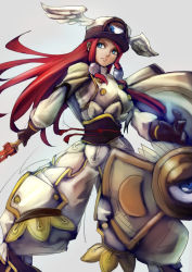 Rule 34 | 1girl, arc system works, blazblue, blue eyes, book, cape, gloves, hair tubes, hat, long hair, red hair, shield, solo, sowel (sk3), sword, tsubaki yayoi, uniform, weapon, winged hat