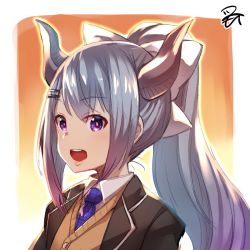 Rule 34 | 1girl, :d, bad id, bad twitter id, blue hair, bow, collared shirt, commentary request, gradient hair, grey jacket, hair bow, hair ornament, hairclip, highres, higuchi kaede, higuchi kaede (1st costume), horns, jacket, looking at viewer, matsumoto tomoyohi, multicolored hair, necktie, nijisanji, open mouth, ponytail, purple eyes, purple necktie, school uniform, shirt, signature, smile, solo, upper body, vest, virtual youtuber, white bow, white shirt, wing collar