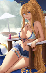 Rule 34 | 1girl, ahoge, artoria pendragon (all), artoria pendragon (fate), artoria pendragon (swimsuit ruler) (fate), ball, beach chair, beachball, bikini, blonde hair, blue eyes, blue shorts, blush, bracelet, breasts, can, circlet, cleavage, drink can, drinking straw, fate/grand order, fate (series), hair between eyes, highres, jewelry, large breasts, long hair, looking at viewer, navel, parted lips, ponytail, ring, short shorts, shorts, sidelocks, soda can, solo, swimsuit, thighs, very long hair, white bikini, zaphn