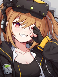 Rule 34 | 1girl, artist name, black gloves, black jacket, black tank top, collared shirt, fingerless gloves, girls&#039; frontline, gloves, jacket, night-vision device, nni9117, one eye closed, open clothes, open jacket, orange hair, red eyes, scar, scar across eye, shirt, simple background, solo, tank top, twintails, ump9 (girls&#039; frontline), ump9 (mod3) (girls&#039; frontline), white shirt