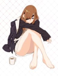 Rule 34 | 1girl, barefoot, bottomless, brown hair, cup, eyepatch, fate/grand order, fate (series), green eyes, hair over one eye, jacket, jacket on shoulders, long hair, long sleeves, looking at viewer, ophelia phamrsolone, sami (object dump), solo
