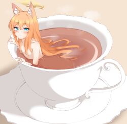 Rule 34 | 1girl, animal ear fluff, animal ears, bathing, blue archive, blue eyes, blush, breasts, closed mouth, commentary, completely nude, cup, fox ears, hair between eyes, hair censor, halo, highres, in container, in cup, kabocya na, long hair, looking at viewer, mari (blue archive), mini person, minigirl, nude, orange hair, saucer, small breasts, smile, solo, sweatdrop, tea, teacup
