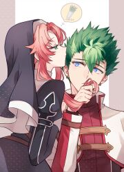 Rule 34 | 1boy, 1girl, blue eyes, cropped jacket, earrings, eiyuu densetsu, green eyes, green hair, highres, jewelry, kevin graham, nun, pink hair, playing with another&#039;s hair, ries argent, sano (merrymerry), sidelocks, sora no kiseki, spiked hair, spring onion, traditional nun