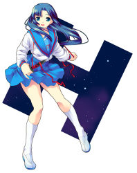 Rule 34 | 00s, asakura ryouko, blue eyes, blue hair, knife, long hair, school uniform, serafuku, solo, suzumiya haruhi no yuuutsu