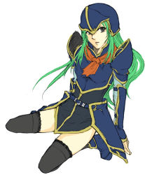 Rule 34 | armor, blue armor, fire emblem, fire emblem: path of radiance, fire emblem: radiant dawn, green hair, grey eyes, helmet, long hair, lowres, nephenee, nintendo, simple background, sitting, solo, thighhighs, white background
