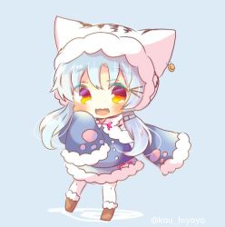 Rule 34 | 1girl, :d, animal ears, animal hood, azur lane, blue background, blue dress, blue hair, blush, boots, brown footwear, capelet, chang chun (azur lane), chibi, commentary request, dress, full body, fur-trimmed boots, fur-trimmed capelet, fur-trimmed dress, fur-trimmed hood, fur-trimmed sleeves, fur trim, hair between eyes, hood, hood up, hooded capelet, kou hiyoyo, long hair, long sleeves, looking at viewer, open mouth, pantyhose, red eyes, sleeves past fingers, sleeves past wrists, smile, solo, standing, twitter username, very long hair, wavy mouth, white capelet, white pantyhose