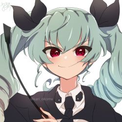 Rule 34 | 10s, 1girl, anchovy (girls und panzer), anzio school uniform, artist name, black cape, black necktie, black ribbon, cape, commentary, dress shirt, drill hair, girls und panzer, green hair, hair ribbon, kari okome, long hair, long sleeves, looking at viewer, necktie, one-hour drawing challenge, portrait, red eyes, ribbon, riding crop, school uniform, shirt, signature, simple background, smirk, smug, solo, twin drills, twintails, twitter username, v-shaped eyebrows, white background, white shirt, wing collar