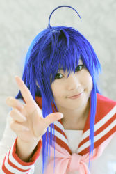 Rule 34 | ahoge, blue hair, cosplay, highres, izumi konata, kochou ran, lucky star, photo (medium), sailor, school uniform, serafuku