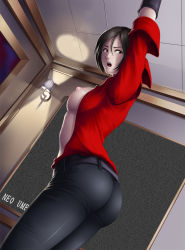 Rule 34 | 1girl, ada wong, arms up, ass, bdsm, belt, black eyes, black hair, bondage, bound, breasts, breasts out, dutch angle, female focus, gloves, highres, lamp, large breasts, legs, light, looking back, nipples, no bra, open clothes, open mouth, pants, resident evil, resident evil 6, screen, short hair, solo, standing, thighs, thor (deep rising)