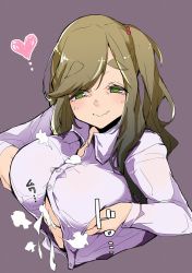 Rule 34 | 1girl, breasts, closed mouth, collared shirt, dress shirt, fang, fang out, green eyes, hair bobbles, hair ornament, heart, highres, inuyama aoi, kobo (cobo 0609), large breasts, light brown hair, long hair, long sleeves, no pupils, one side up, paizuri, penis, purple background, shirt, skin fang, smile, solo focus, swept bangs, thick eyebrows, unbuttoned, unbuttoned shirt, white shirt, yurucamp