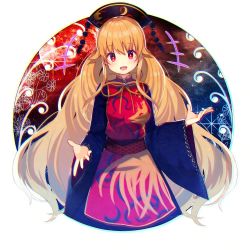 Rule 34 | 1girl, bad id, bad twitter id, black dress, blonde hair, chinese clothes, chromatic aberration, dress, hat, junko (touhou), koto seori, long hair, long sleeves, open mouth, red eyes, ribbon, smile, solo, tabard, touhou, very long hair, wide sleeves