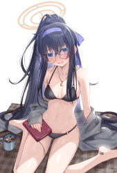 Rule 34 | 1girl, artist name, bags under eyes, bandaid, bandaid on foot, bare legs, bikini, black bikini, black hair, blue archive, blue hairband, blush, book, breasts, breasts apart, coffee mug, collarbone, cup, dated, glasses, grey car, grey jacket, hairband, halo, hattori masaki, highres, holding, holding book, jacket, jewelry, long hair, looking at viewer, mat, medium breasts, mug, navel, necklace, o-ring, o-ring bikini, official alternate costume, open mouth, ponytail, round eyewear, signature, simple background, sitting, small breasts, solo, stomach, swimsuit, thighs, toes, ui (blue archive), ui (swimsuit) (blue archive), very long hair, wariza, white background