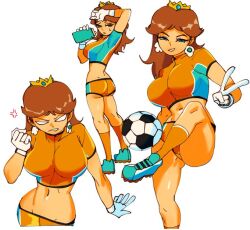 Rule 34 | 1girl, 3amsoda, angry, ass, ball, blue eyes, breasts, brown hair, crown, drink, earrings, flower earrings, gloves, grin, jewelry, large breasts, looking at viewer, mario (series), midriff, navel, nintendo, princess daisy, shiny skin, shorts, smile, soccer ball, soccer uniform, sportswear, super mario strikers, sweat, tomboy, v
