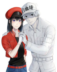 Rule 34 | 1boy, 1girl, bad id, bad pixiv id, baseball cap, belt, belt buckle, black eyes, black hair, black shirt, blue eyes, buckle, closed mouth, couple, gloves, holding hands, hand on another&#039;s shoulder, hat, interlocked fingers, jacket, long sleeves, looking at viewer, medium hair, military jacket, open clothes, open jacket, print headwear, red belt, red headwear, red jacket, shirt, simple background, sleeves rolled up, smile, white background, white gloves, white headwear, white jacket