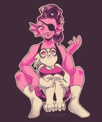 Rule 34 | 2girls, absurdres, alphys, artist name, bare shoulders, barefoot, black-framed eyewear, black shirt, blush, breasts, cleavage, closed mouth, colored skin, dress, eye contact, eyepatch, female focus, fins, fish girl, furry, furry female, glasses, hand up, happy, highres, knees up, legs together, light blush, long hair, looking at another, looking down, looking up, medium breasts, monochrome, multiple girls, open mouth, outline, pink dress, pink eyes, pink hair, pink skin, ponytail, purple background, round eyewear, sharp teeth, shirt, simple background, sleeveless, sleeveless dress, sleeveless shirt, smile, socks, spacecolonie, spread legs, teeth, undertale, undyne, watermark, white hair, white legwear, white outline, yuri