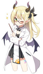 Rule 34 | ;), bandaid, bandaid on leg, black-framed eyewear, black dress, black ribbon, black wings, blonde hair, blush, closed mouth, commentary request, copyright request, cropped legs, crossed arms, crossed bangs, demon girl, demon horns, demon wings, dress, glasses, green eyes, hair ribbon, holding, horns, korean commentary, lab coat, looking at viewer, low wings, mauve, one eye closed, one side up, open clothes, pleated dress, ribbon, semi-rimless eyewear, simple background, smile, solo, sparkle, under-rim eyewear, v-shaped eyebrows, white background, wings