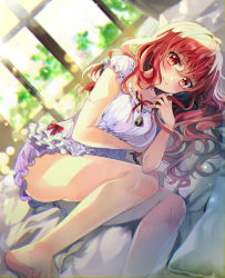 Rule 34 | 1girl, barefoot, bloomers, blush, breasts, brown eyes, brown hair, character request, chocho (homelessfox), copyright request, dress, jewelry, long hair, looking at viewer, lying, medium breasts, on side, pendant, smile, solo, underwear, wavy hair, white bloomers, white dress