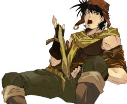 Rule 34 | 1boy, aged down, aviator cap, battle tendency, black hair, bomber hat, boots, earflap hat, fingerless gloves, gloves, hat, jacket, jojo no kimyou na bouken, joseph joestar, joseph joestar (young), male focus, open mouth, plussalad, scarf, simple background, sitting, sleeveless, solo, spread legs, striped clothes, striped scarf, torn clothes