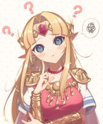 Rule 34 | 1girl, ?, arm under breasts, armor, bead necklace, beads, blonde hair, blue eyes, blush, bracer, breasts, cape, crown, dress, finger to own chin, hair ornament, holding own arm, jewelry, long hair, medium breasts, miri (cherryjelly), necklace, nintendo, parted bangs, pink dress, pointy ears, polka dot, polka dot background, princess zelda, shirt, short sleeves, shoulder armor, sidelocks, sleeveless, sleeveless dress, solo, super smash bros., the legend of zelda, the legend of zelda: a link between worlds, triforce earrings, upper body, white cape, white shirt