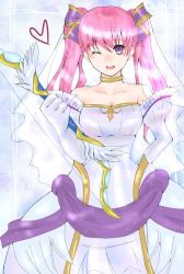 Rule 34 | bow (weapon), dress, fire emblem, fire emblem: the blazing blade, fire emblem heroes, holding, holding weapon, looking at viewer, nintendo, one eye closed, pink hair, purple eyes, serra (fire emblem), simple background, solo, twintails, weapon, wedding dress
