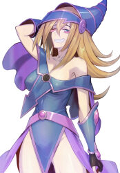 1girl absurdres arm_behind_head bare_shoulders black_gloves blonde_hair blue_leotard blush_stickers breasts collarbone dark_magician_girl duel_monster eyelashes fingerless_gloves gloves grin hair_between_eyes hat highres kikken large_breasts leotard long_hair looking_at_viewer one_eye_closed simple_background smile solo white_background wizard_hat yu-gi-oh!