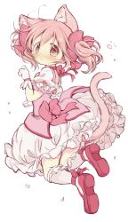 Rule 34 | 1girl, absurdres, animal ears, cat ears, cat tail, commentary, full body, gloves, highres, hitode, kaname madoka, looking at viewer, mahou shoujo madoka magica, pink eyes, pink footwear, pink hair, short hair, short sleeves, short twintails, simple background, socks, solo, tail, twintails, white background, white gloves, white socks