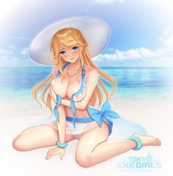 Rule 34 | 1girl, anklet, bare shoulders, barefoot, beach, bikini, blonde hair, blue eyes, blue sky, blurry, blush, bracelet, breasts, cleavage, cloud, collarbone, commentary request, covering privates, covering breasts, day, depth of field, front-tie bikini top, front-tie top, full body, halterneck, hat, highres, jewelry, large breasts, long hair, looking at viewer, necklace, outdoors, parted lips, re:shimashima, sarong, sidelocks, sitting, sky, solo, sun hat, swimsuit, tokyo exe girls, wardrobe malfunction, wariza, wet, white bikini