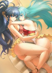 Rule 34 | 2girls, ahoge, alternate costume, anklet, aqua eyes, aqua hair, ass, beach, beach towel, blue eyes, blue hair, blush, braid, breast press, breasts, commentary, cosplay, covered erect nipples, deekei, earrings, eirika (fire emblem), english commentary, feet out of frame, fire emblem, fire emblem: the sacred stones, fire emblem heroes, hair ornament, highres, holding person, hug, jewelry, large breasts, leg between thighs, long hair, looking at viewer, lying, multiple girls, nintendo, on side, one-piece swimsuit, ponytail, sand, sandals, shadow, shy, side braid, sideboob, sidelocks, signature, smile, swimsuit, swimsuit skirt, symmetrical docking, tana (fire emblem), tana (fire emblem) (cosplay), tana (summer) (fire emblem), thighs, towel, very long hair, wet