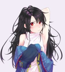 Rule 34 | 1girl, arm around back, armpit peek, bare shoulders, black hair, blondy (ldlong), blue jacket, c-ms (girls&#039; frontline), girls&#039; frontline, highres, jacket, long hair, looking at viewer, mole, mole under eye, open clothes, open jacket, pink shirt, red eyes, shiny skin, shirt, sleeveless, sleeveless shirt, solo