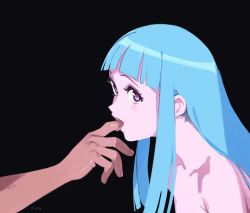 Rule 34 | 1boy, 1girl, black background, blue hair, close-up, finger in another&#039;s mouth, hand focus, highres, hime cut, long hair, me!me!me!, meme (me!me!me!), open mouth, optionaltypo, out of frame, purple eyes, sidelocks, topless