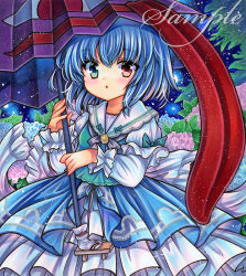 Rule 34 | 1girl, :o, aqua vest, blouse, blue eyes, blue hair, blue ribbon, blue skirt, blush, bow, brooch, cowboy shot, embellished costume, flower, frilled sleeves, frills, green bow, grey neckerchief, hand up, heterochromia, holding, holding umbrella, hydrangea, jewelry, juliet sleeves, karakasa obake, lace, lace-trimmed shirt, lace trim, leaf, light particles, long sleeves, looking at viewer, marker (medium), neckerchief, parted lips, puffy sleeves, purple umbrella, red eyes, ribbon, rui (sugar3), sample watermark, shirt, short hair, skirt, sky, sleeve bow, solo, standing, star (sky), starry sky, tatara kogasa, tongue, touhou, traditional media, umbrella, vest, watermark, white shirt
