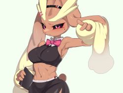 Rule 34 | 1girl, animal nose, arm up, armpits, bare shoulders, black sclera, black shirt, black skirt, blush, body fur, bow, bowtie, breasts, brown fur, closed mouth, clothed pokemon, collared shirt, colored sclera, creatures (company), crop top, drunkoak, embarrassed, eyeliner, female focus, furry, furry female, game freak, gen 4 pokemon, green background, hair ornament, hairclip, hand up, highres, holding, holding menu, looking at viewer, lopunny, makeup, medium breasts, menu, midriff, mole, mole under eye, navel, nintendo, pink bow, pink bowtie, pink eyeliner, pink eyes, poke ball symbol, pokemon, pokemon (creature), rabbit ears, rabbit girl, rabbit tail, shiny skin, shirt, side slit, simple background, skirt, sleeveless, sleeveless shirt, solo, stomach, toned, two-tone fur, waitress, wide hips, yellow fur