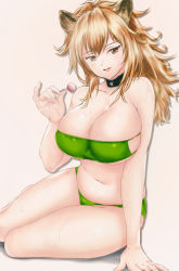 Rule 34 | 1girl, animal ears, arknights, arm support, bare arms, bare shoulders, beige background, bikini, black choker, blonde hair, breasts, brown eyes, candy, caro (gakr7278), choker, cleavage, commentary, food, green bikini, hand up, highres, holding, holding food, large breasts, lion ears, lollipop, long hair, looking at viewer, navel, parted lips, siege (arknights), simple background, sitting, solo, stomach, strapless, strapless bikini, swimsuit, thighs, white background, yokozuwari