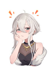 Rule 34 | 1girl, :/, absurdres, ahoge, alternate hairstyle, bare shoulders, black shirt, blush, breasts, cleavage, commentary, ear piercing, earrings, fang, fur-trimmed jacket, fur trim, grey eyes, grey hair, hair between eyes, hand on own chin, hand up, highres, hololive, jacket, jewelry, lips, looking at viewer, lwy, medium breasts, necklace, piercing, see-through, see-through cleavage, shirt, shishiro botan, shishiro botan (1st costume), sidelocks, sleeveless, sleeveless shirt, solo, upper body, virtual youtuber