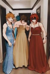 Rule 34 | 4boys, ?, ^ ^, anger vein, bare arms, beige dress, blue dress, blush, brown hair, closed eyes, crossdressing, diluc (genshin impact), dress, eriimyon, fang, full body, genshin impact, highres, holding, holding mirror, kaeya (genshin impact), long dress, long hair, looking at mirror, male focus, mirror, multiple boys, orange hair, photo-referenced, red dress, red hair, shaded face, short hair, skin fang, standing, tartaglia (genshin impact), zhongli (genshin impact)