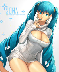 Rule 34 | 1girl, absurdres, aqua hair, breasts, character name, cherrylich, cleavage, cleavage cutout, clothing cutout, daeho cha, earrings, female focus, finger to mouth, highres, jewelry, kneeling, large breasts, league of legends, lips, long hair, meme attire, nail polish, open-chest sweater, ribbed sweater, solo, sona (league of legends), sweater, thighs, turtleneck, twintails, very long hair