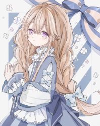 Rule 34 | 1girl, blue bow, blue dress, bow, braid, dress, hair bow, highres, long hair, long sleeves, looking at viewer, low-tied long hair, original, puffy long sleeves, puffy sleeves, purple eyes, simple background, solo, standing, striped, striped background, twin braids, yuni 0205