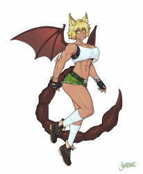 Rule 34 | 1girl, abs, animal ears, artist name, belt, belt buckle, blonde hair, boots, breasts, buckle, cleavage, commentary, commission, elbow spikes, english commentary, fingerless gloves, full body, gloves, hair between eyes, highres, kneehighs, large breasts, manticore, midriff, monster girl, muscular, muscular female, navel, original, scorpion tail, shardanic, short hair, short shorts, shorts, simple background, socks, solo, sports bra, tail, watermark, white background, wings, yellow eyes