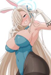 Rule 34 | 1girl, animal ears, armpits, asuna (blue archive), asuna (bunny) (blue archive), asymmetrical bangs, blue archive, blue bow, blue bowtie, blue eyes, blue halo, blue leotard, blue ribbon, bow, bowtie, breasts, brown pantyhose, cleavage, commentary, covered navel, cowboy shot, detached collar, double v, fake animal ears, from below, gloves, grin, hair ornament, hair over one eye, halo, highleg, highleg leotard, highres, huge breasts, leotard, light brown hair, long hair, looking at viewer, official alternate costume, one eye covered, onemond, pantyhose, playboy bunny, rabbit ears, ribbon, simple background, skindentation, smile, solo, strapless, strapless leotard, thighband pantyhose, traditional bowtie, v, very long hair, white background, white gloves