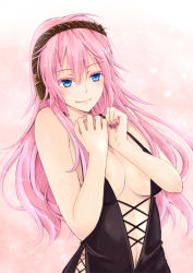 Rule 34 | 1girl, areola slip, bad id, bad pixiv id, bare shoulders, blue eyes, breasts, center opening, cleavage, headphones, kay, kay (utd), long hair, megurine luka, nail polish, navel, pink hair, smile, solo, vocaloid