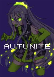 Rule 34 | 1girl, absurdres, bad id, bad pixiv id, bare shoulders, colored tongue, cropped legs, dress, elbow gloves, gloves, glowing, glowing eyes, green eyes, green gloves, green thighhighs, green tongue, grey dress, grey hair, hair between eyes, hair ornament, hairclip, highres, long hair, looking at viewer, original, paravene, personification, ponytail, purple background, simple background, sleeveless, sleeveless dress, solo, thighhighs, tongue, tongue out, v-shaped eyebrows, very long hair