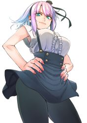 Rule 34 | 10s, 1girl, armpit peek, black pantyhose, blue eyes, breasts, contrapposto, dagashi kashi, from below, hairband, hand on own hip, hands on own hips, high-waist skirt, large breasts, looking at viewer, miniskirt, nail polish, pantyhose, purple hair, red nails, shidare hotaru, shikuro (masax1107), simple background, skirt, sleeveless, smile, solo, standing, suspender skirt, suspenders, underbust, white background