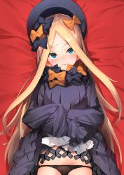 Rule 34 | 1girl, abigail williams (fate), bed sheet, black bow, black dress, black hat, black panties, blonde hair, blue eyes, blush, bow, bug, butterfly, closed mouth, clothes lift, dakimakura (medium), dress, dress lift, fate/grand order, fate (series), furisuku, hair bow, hat, head tilt, insect, lifted by self, long hair, long sleeves, looking at viewer, lying, on back, orange bow, panties, parted bangs, polka dot, polka dot bow, sleeves past fingers, sleeves past wrists, solo, underwear, very long hair