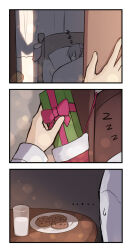 Rule 34 | ..., 1girl, 3koma, bed, box, cait aron, chocolate chip cookie, christmas, christmas stocking, comic, commentary, cookie, english commentary, food, gift, gift box, indoors, milk, original, plate, pov, pov hands, sleeping, zzz