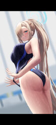 Rule 34 | 1girl, absurdres, ass, asuna (blue archive), asymmetrical bangs, bare shoulders, black border, blue archive, blue eyes, border, breasts, competition swimsuit, frontal wedgie, grin, hair over one eye, halo, highleg, highleg swimsuit, highres, large breasts, light brown hair, long bangs, long hair, looking at viewer, one-piece swimsuit, ponytail, silver bullet (ecc12 8), smile, solo, swimsuit, thighs, very long hair, wedgie, wet