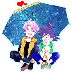Rule 34 | 2boys, black eyes, black hair, blue eyes, child, dragon ball, dragonball z, heart, holding, holding umbrella, jacket, long sleeves, looking at another, male focus, multiple boys, open mouth, pants, purple hair, rochiko (bgl6751010), shoes, short hair, simple background, sitting, son goten, spiked hair, trunks (dragon ball), umbrella, white background